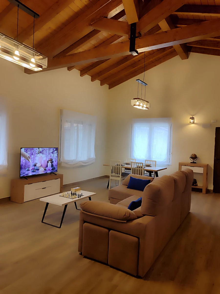 Salón con techo de madera, TV y comedor